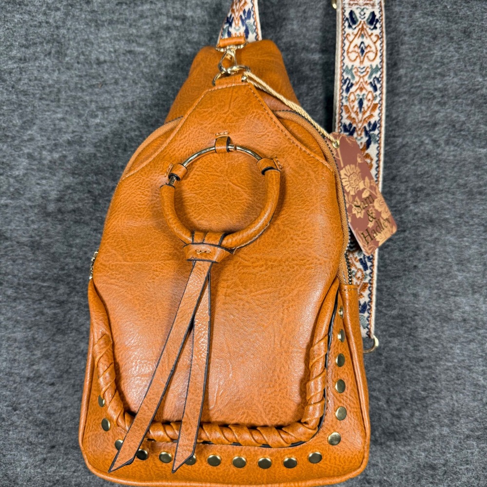 Sam & Hadley Cognac Vegan Leather Studded Sling Bag Woven Guitar Strap NWT